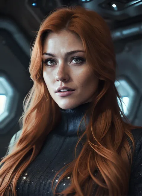 close up photo of sks woman, rugged space trucker, inside industrial spaceship, futuristic science fiction, action scene, digital concept art, realistic, intricate detailed textures, filmic, cinematic, environmental character portrait, <lora:locon_katmcnamara_v1_from_v1_64_32:1.25>