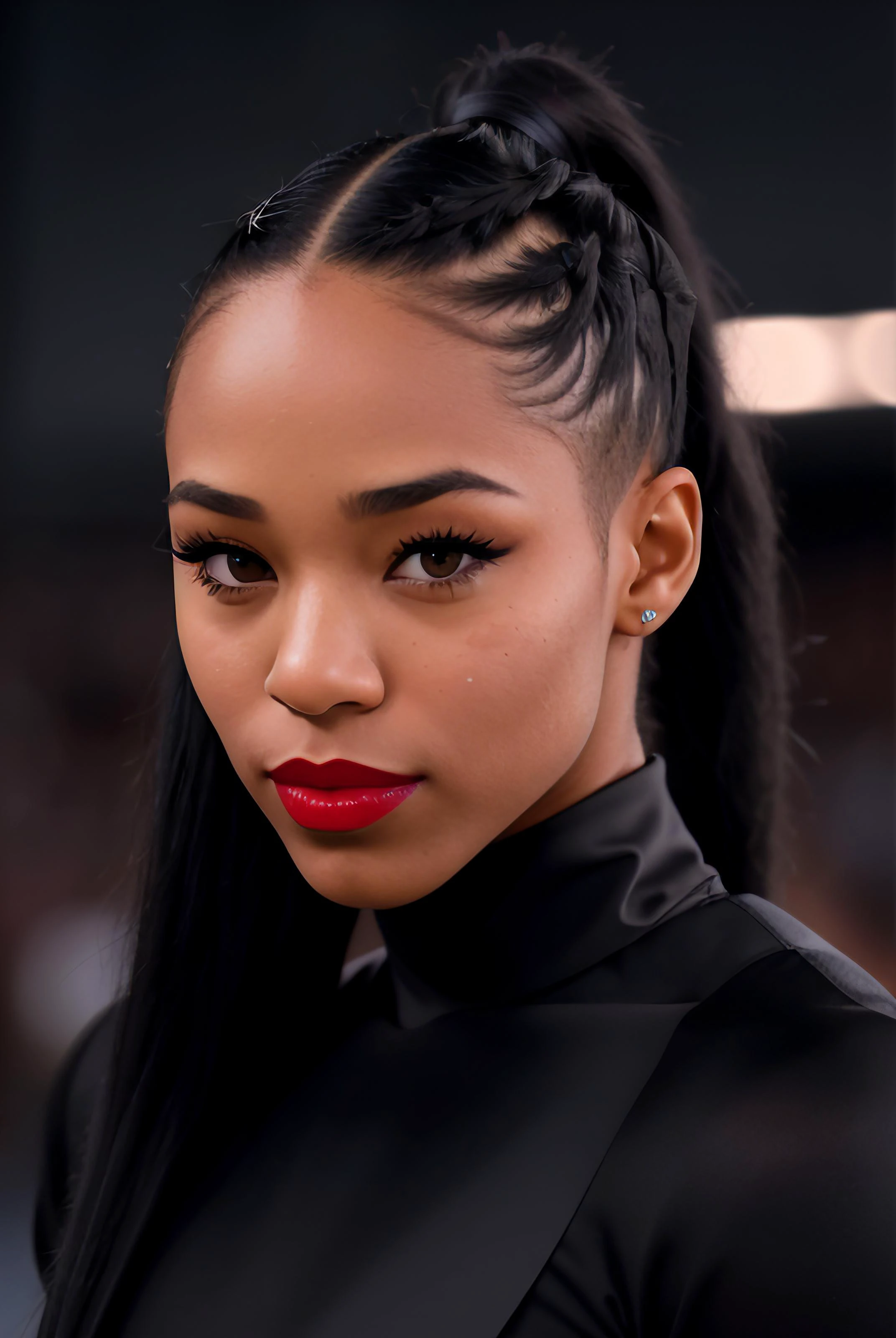 raw photo of (BiBECR01:0.99), ((black waist-long ponytail)), ((wearing long black ponytail on her chest: 1.2)), (red lipstick:1.3) a woman, RAW, close portrait photo, long brown coat, long haircut, pale skin, slim body, (high detailed skin:1.2), 8k uhd, dslr, soft lighting, high quality, film grain, Fujifilm XT3 sharp focus, f 5.6, dimly lit, <lora:epiNoiseoffset_v2:1.2>