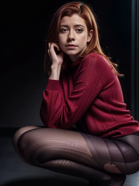 Award winning photo, masterpiece, best quality, realistic, 8k, official art, cinematic light, ultra high res,
1girl (00_alyhan), slinky, sexy, red sweater dress, torn pantyhose, squatting, (medium shot:1.2), looking at viewer, leg focus, intimate, <lora:torn_pantyhose:1.1> dark concrete background, <lora:add_detail:0.75>, <lora:LowRA:0.75>, detailed skin texture, (blush:0.5), (goosebumps:0.5), subsurface scattering, RAW candid cinema, 16mm, color graded portra 400 film, remarkable color, ultra realistic, textured skin, remarkable detailed pupils, realistic dull skin noise, visible skin detail, skin fuzz, dry skin, shot with cinematic camera