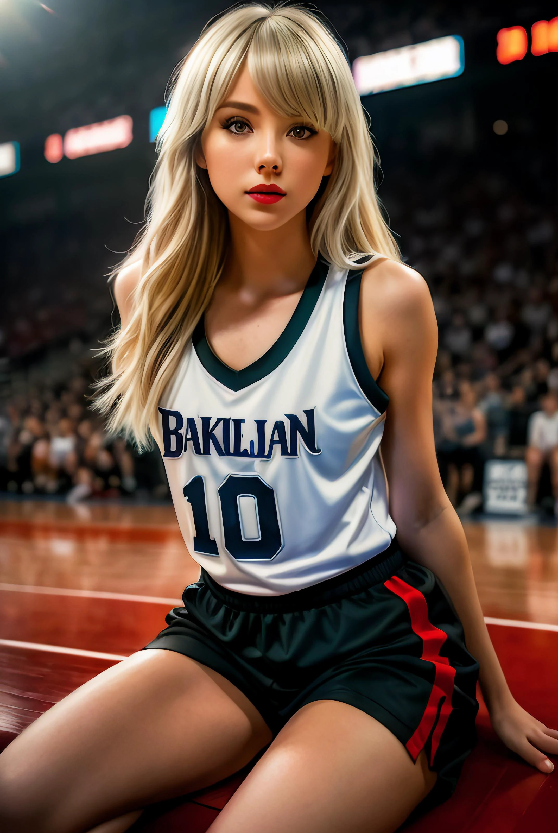 photo of (s4u700:0.99), a woman as a sexy basketball player, ((perfect hair)), modelshoot style, (extremely detailed CG unity 8k wallpaper), photo of the most beautiful artwork in the world, professional majestic oil painting by Ed Blinkey, Atey Ghailan, Studio Ghibli, by Jeremy Mann, Greg Manchess, Antonio Moro, trending on ArtStation, trending on CGSociety, Intricate, High Detail, Sharp focus, dramatic, photorealistic painting art by midjourney and greg rutkowski, (basketball_uniform:1.2), (basketball shorts:1.2), (sneakers), (on the basketball_court ), (( dribbling_\(basketball\) )), (basketball), ((in a basketball stadium )), (( crowd sitting on the bleachers )), (basketball game), (looking directly at camera:1.3), (detailed pupils:1.3), (modern outfit:1.2), (closeup), red lips, (eye shadow), dimly lit, <lora:epiNoiseoffset_v2:1.2>