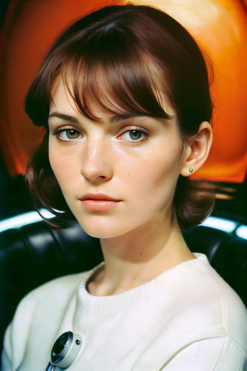 closeup portrait of woman relaxing inside a cozy martian habitat, casual sexy clothes, detailed, 8k, realistic, by Alasdair McLellan, by stanley kubrick, by agnes-cecile, mid-century, 2001 space odyssey