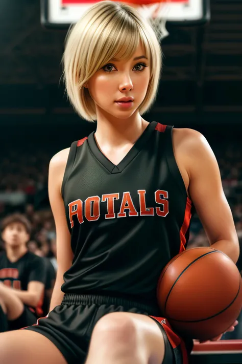 photo of (s4u700:0.99), a woman as a sexy basketball player, ((perfect short hair)), ((bob hair)), ((puckered lips;1.2)),modelshoot style, (extremely detailed CG unity 8k wallpaper), photo of the most beautiful artwork in the world, professional majestic oil painting by Ed Blinkey, Atey Ghailan, Studio Ghibli, by Jeremy Mann, Greg Manchess, Antonio Moro, trending on ArtStation, trending on CGSociety, Intricate, High Detail, Sharp focus, dramatic, photorealistic painting art by midjourney and greg rutkowski, (basketball_uniform:1.2), (basketball shorts:1.2), (sneakers), (on the basketball_court ), (( dribbling_\(basketball\) )), (basketball), ((in a basketball stadium )), (( crowd sitting on the bleachers )), (basketball game), (looking directly at camera:1.3), (detailed pupils:1.3), (modern outfit:1.2), (closeup), dimly lit, <lora:epiNoiseoffset_v2:1.2>