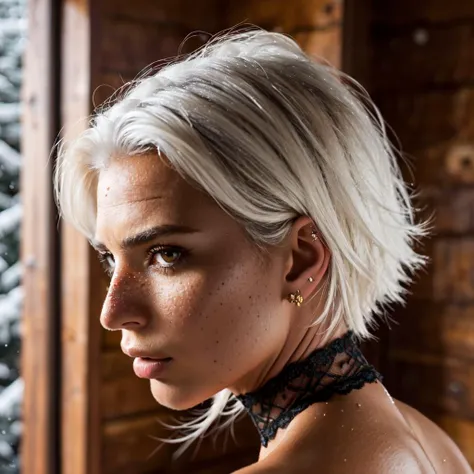 (Masterpiece, best quality)+, stunningly beautiful <lyco:locon_emilyratajkowski_v1_from_v1_64_32:1.25>, Emily Ratajkowski, lace choker, (dark skin)+, ((white hair)), (freckles), fat ass, wearing thin lace, back view, in a cabin with snow outside, cinematic composition, detailed skin, detailed face, saturated,(life like), (hyper realistic), intricate, dramatic, sharp focus, (8k)+