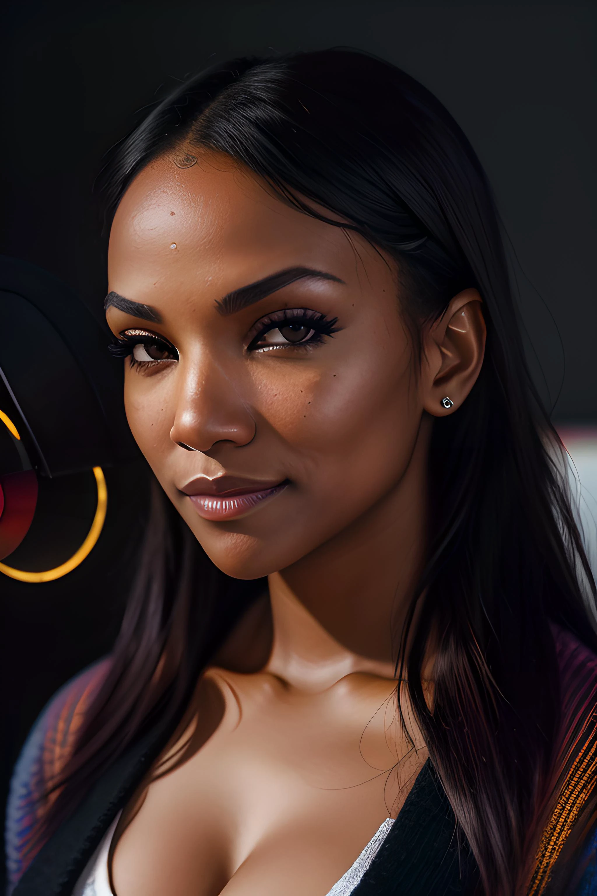 raw photo of (m3kiac0x-500:0.99), (egirl:1.3), ((streamer:1.2)), a woman, modelshoot style, (extremely detailed CG unity 8k wallpaper), photo of the most beautiful artwork in the world, professional majestic oil painting by Ed Blinkey, Atey Ghailan, Studio Ghibli, by Jeremy Mann, Greg Manchess, Antonio Moro, trending on ArtStation, trending on CGSociety, Intricate, High Detail, Sharp focus, dramatic, photorealistic painting art by midjourney and greg rutkowski, (pc gaming room at home:1.2), (large breasts:1.2), ((e-girl sweater)), ((multi coloured lighting on wall and ceiling:1.2)), (slight cleavage:1.3), (big smile look on her face: 1.3), ((speaking into a condenser microphone :1.4)), ((high end pc on desk:1.3)), (looking at viewer:1.4), (detailed pupils:1.3), (closeup:1.2), (face light), (seductive:1.3), (seductive face, seductive look), (eye shadow), dark eyeliner, (full lips:1.2), (parted lips:1.3) (high detailed skin:1.2), 8k uhd, dslr, soft lighting, high quality, film grain, Fujifilm XT3 sharp focus, f 5.6, dimly lit, rim light, <lora:epiNoiseoffset_v2:1.2> <lora:egirlAesthetic_v10:0.3>