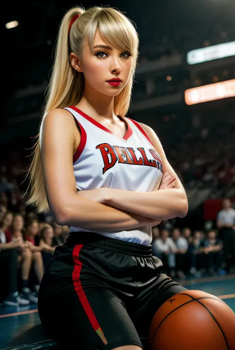 photo of (s4u700:0.99), a woman as a sexy basketball player, ((perfect hair)), modelshoot style, (extremely detailed CG unity 8k wallpaper), photo of the most beautiful artwork in the world, professional majestic oil painting by Ed Blinkey, Atey Ghailan, Studio Ghibli, by Jeremy Mann, Greg Manchess, Antonio Moro, trending on ArtStation, trending on CGSociety, Intricate, High Detail, Sharp focus, dramatic, photorealistic painting art by midjourney and greg rutkowski, (basketball_uniform:1.2), (basketball shorts:1.2), (sneakers), (on the basketball_court ), (( dribbling_\(basketball\) )), (basketball), ((in a basketball stadium )), (( crowd sitting on the bleachers )), (basketball game), (looking directly at camera:1.3), (detailed pupils:1.3), (modern outfit:1.2), (closeup), red lips, (eye shadow), dimly lit,   <lora:epiNoiseoffset_v2:1.2>