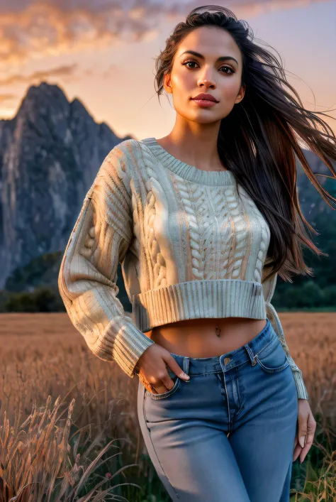 photo of (r0sd4wn-1325:0.99), a woman as a sexy TikTok influencer, (pony tail), (standing in a field),(wearing  low waist jeans), ((oversized sweater:1.2)) , modelshoot style, (extremely detailed CG unity 8k wallpaper), large breasts, photo of the most beautiful artwork in the world, professional majestic (photography by Steve McCurry), 8k uhd, dslr, soft lighting, high quality, film grain, Fujifilm XT3 sharp focus, f 5.6, High Detail, Sharp focus, dramatic, ((mountains in the background)), (golden hour:1.2),( sunset:1.2), (looking off to the side:1.2), (detailed pupils:1.3), (natural light), (closeup:1.2), (seductive), <lora:add_detail:0.4>, <lora:LowRA:0.5>