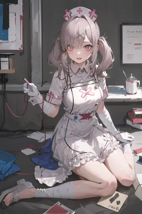 origen, nursecap, bandaged_arm, 1girl, solo, masterpiece, best quality