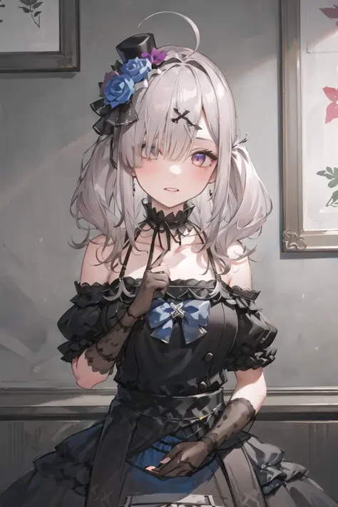 neogen, 1girl, solo, black dress, mini hat, hair flower, masterpiece, best quality