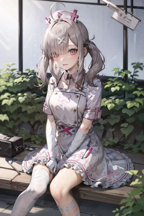 origen, white nursecap, bandaged_arm, 1girl, solo, from bihind, masterpiece, best quality