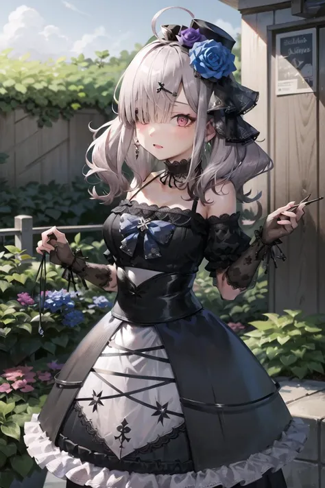 neogen, black dress, mini hat, hair flower, holding, holding umbrella, garden, 1girl, solo, masterpiece, best quality