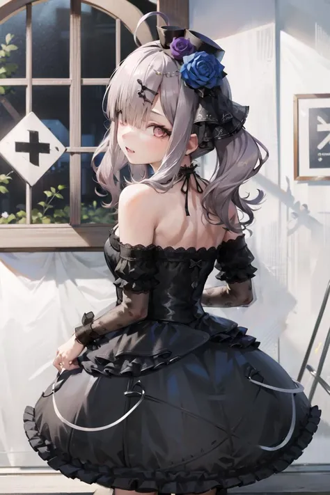 neogen, 1girl, solo, black dress, mini hat, hair flower, from behind, masterpiece, best quality