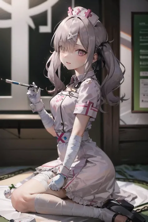 origen, white nursecap, bandaged_arm, 1girl, solo, from side, masterpiece, best quality