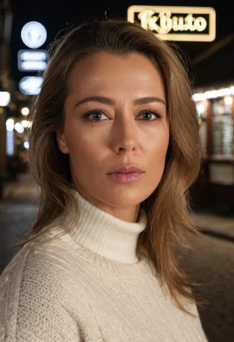 medium head shot, <lora:Iveta:0.8> , solo, photo of Iveta, a woman, wearing a sweater, standing outside a pub, night time, dark, (sharp forcus, highly detailed, 4k, 8k, best quality, masterpiece, ultra highres:1)
