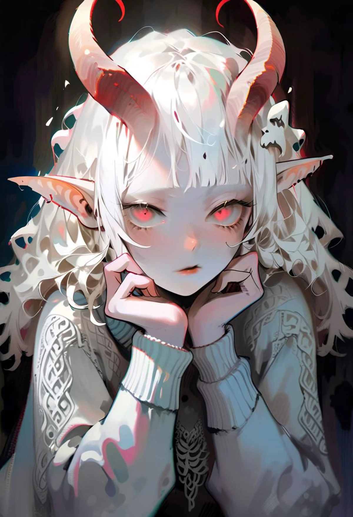 albino demon girl with lethargic sleepy smokey eyes her hands under her chin, white curls, wearing a sweater, (long intricate horns:1.2),