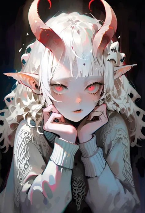 albino demon girl with lethargic sleepy smokey eyes her hands under her chin, white curls, wearing a sweater, (long intricate horns:1.2),