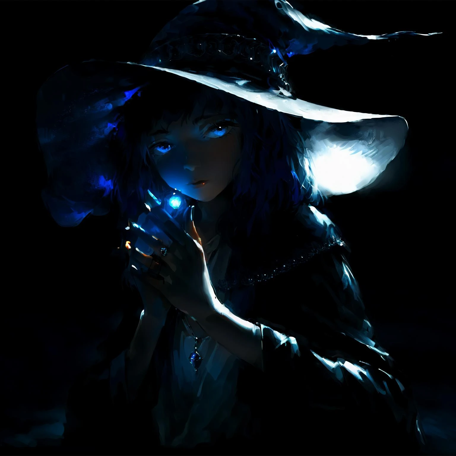 masterpiece,best quality,1girl, solo,upper body, hat, closed mouth,medium hair, blue eyes, looking at viewer, blue hair,black hair, white dress, long sleeves, lips, glowing, monochrome, jewelry, dark, sitting,black background,