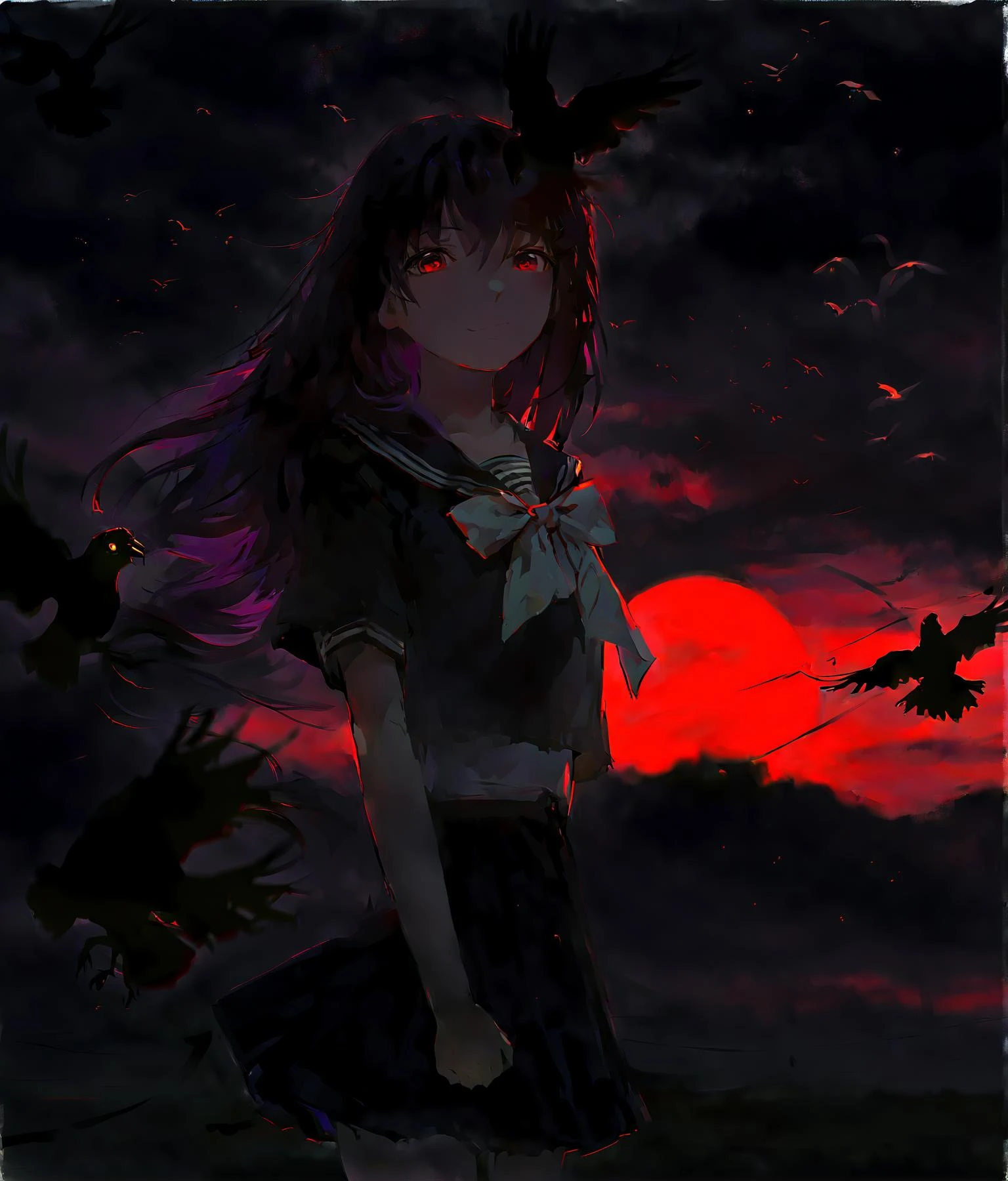 masterpiece,best quality,1girl, solo, standing, looking at viewer, red eyes, looking down, smile, closed mouth, long hair, ahoge, purple hair, black hair, bangs, ribbon, school uniform, black shirt, sailor collar, bow, neck ribbon, collarbone, black skirt, pantyhose, bird, wind, dark, sky, cloud, scenery, outdoors, glowing, backlighting, cowboy shot, blurry