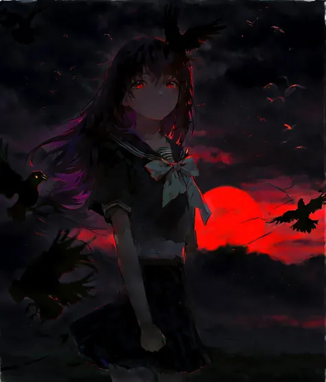 masterpiece,best quality,1girl, solo, standing, looking at viewer, red eyes, looking down, smile, closed mouth, long hair, ahoge, purple hair, black hair, bangs, ribbon, school uniform, black shirt, sailor collar, bow, neck ribbon, collarbone, black skirt, pantyhose, bird, wind, dark, sky, cloud, scenery, outdoors, glowing, backlighting, cowboy shot, blurry