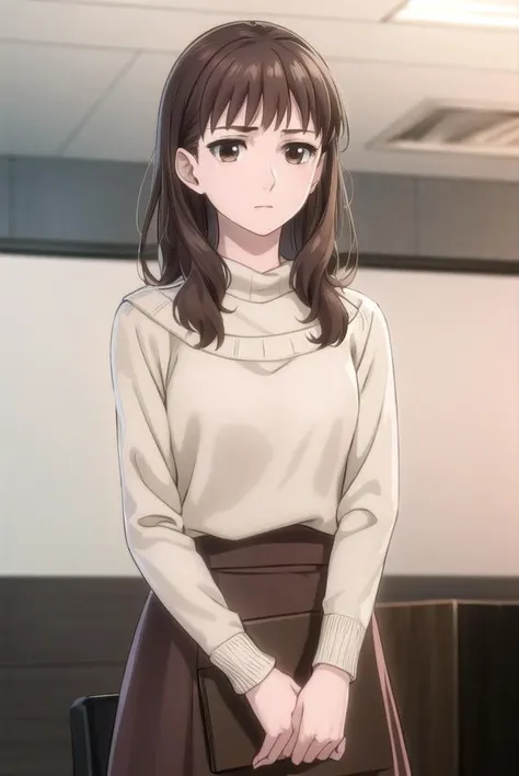 ariematsushima, <lora:arie matsushima s1-lora-nochekaiser:1>,
arie matsushima, long hair, brown hair, (brown eyes:1.5),
BREAK skirt, long sleeves, sweater, makeup, lipstick, long skirt, brown skirt, white sweater,
BREAK indoors, office,
BREAK looking at viewer, (cowboy shot:1.5),
BREAK <lyco:GoodHands-beta2:1>, (masterpiece:1.2), best quality, high resolution, unity 8k wallpaper, (illustration:0.8), (beautiful detailed eyes:1.6), extremely detailed face, perfect lighting, extremely detailed CG, (perfect hands, perfect anatomy),