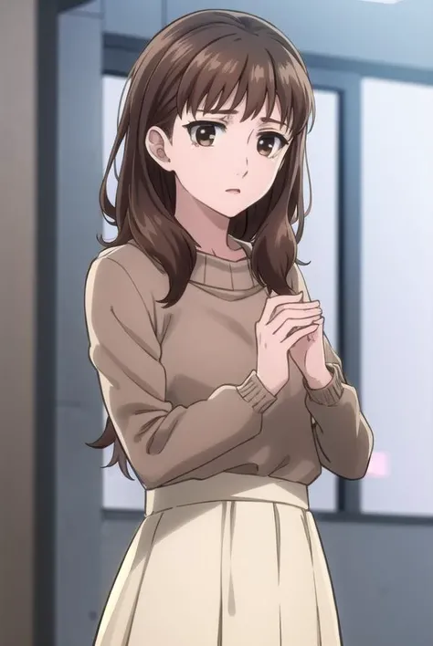 ariematsushima, <lora:arie matsushima s1-lora-nochekaiser:1>,
arie matsushima, long hair, brown hair, (brown eyes:1.5),
BREAK skirt, long sleeves, sweater, makeup, lipstick, long skirt, brown skirt, white sweater,
BREAK indoors, office,
BREAK looking at viewer, (cowboy shot:1.5),
BREAK <lyco:GoodHands-beta2:1>, (masterpiece:1.2), best quality, high resolution, unity 8k wallpaper, (illustration:0.8), (beautiful detailed eyes:1.6), extremely detailed face, perfect lighting, extremely detailed CG, (perfect hands, perfect anatomy),