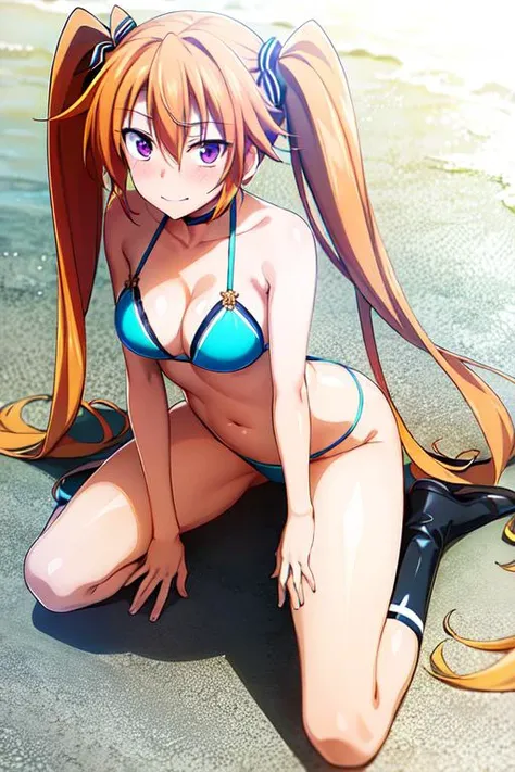 masterpiece, best quality, 1girl, looking at viewer, cute, bikini, seascape, sunlight, medium breasts, purple eyes, <lora:Irina:0.9>, shidou irina, orange hair, long hair, twintails, beautiful detailed eyes, beautiful detailed glow, lots of glow, embarrassed, (full body:1.4)
