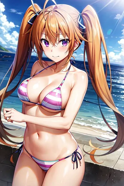 masterpiece, best quality, 1girl, looking at viewer, cute, bikini, seascape, sunlight, medium breasts, purple eyes, <lora:Irina:0.9>, shidou irina, orange hair, long hair, twintails, beautiful detailed eyes, beautiful detailed glow, lots of glow, embarrassed, (cowboy shot:1.4)