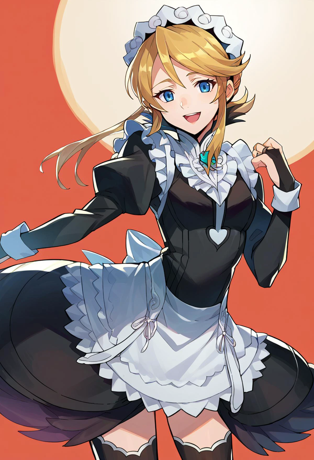 smile, open mouth, cowboy shot, <lora:Lina_Davis:1> lina, londe hair, blue eyes, hairband, <lora:fatesmaid-fe-richy-v1_pdxl:0.8> fates maid, maid headdress, maid apron, bridal gauntlets, black thighhighs,, score_9, score_8_up, score_7_up, source_anime,