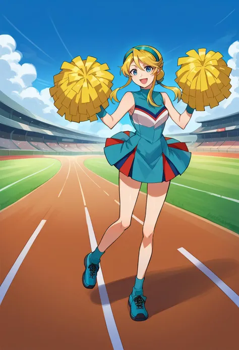 smile, full body, outdoors, open mouth, track and field,   <lora:Lina_Davis:1> lina, londe hair, blue eyes, hairband, bicolor dress, cheerleader, blue wristband, pom pom (cheerleading),, score_9, score_8_up, score_7_up, source_anime,