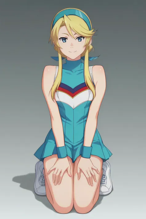 score_9, score_8_up, score_7_up, source_anime, rating_safe, intricate details, anime screencap, official style, <lora:PONY_Lina_Davis:1>, lina, blonde hair, blue eyes, hairband, bicolor dress, cheerleader, blue wristband, standing, simple background, looking at viewer, smile, white shoes, kneeling, hands on knees, full body, five fingers