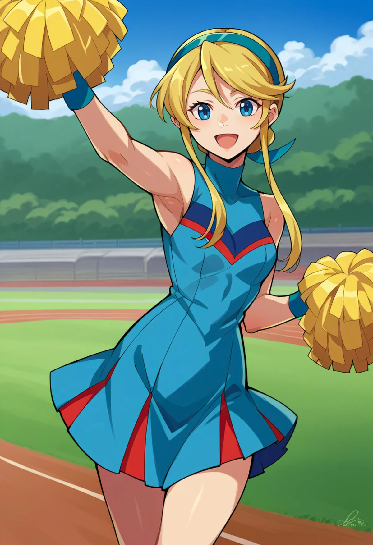 smile, outdoors, open mouth, track and field, cowboy shot, <lora:Lina_Davis:1> lina, londe hair, blue eyes, hairband, bicolor dress, cheerleader, blue dress, blue wristband, pom pom (cheerleading),, score_9, score_8_up, score_7_up, source_anime,