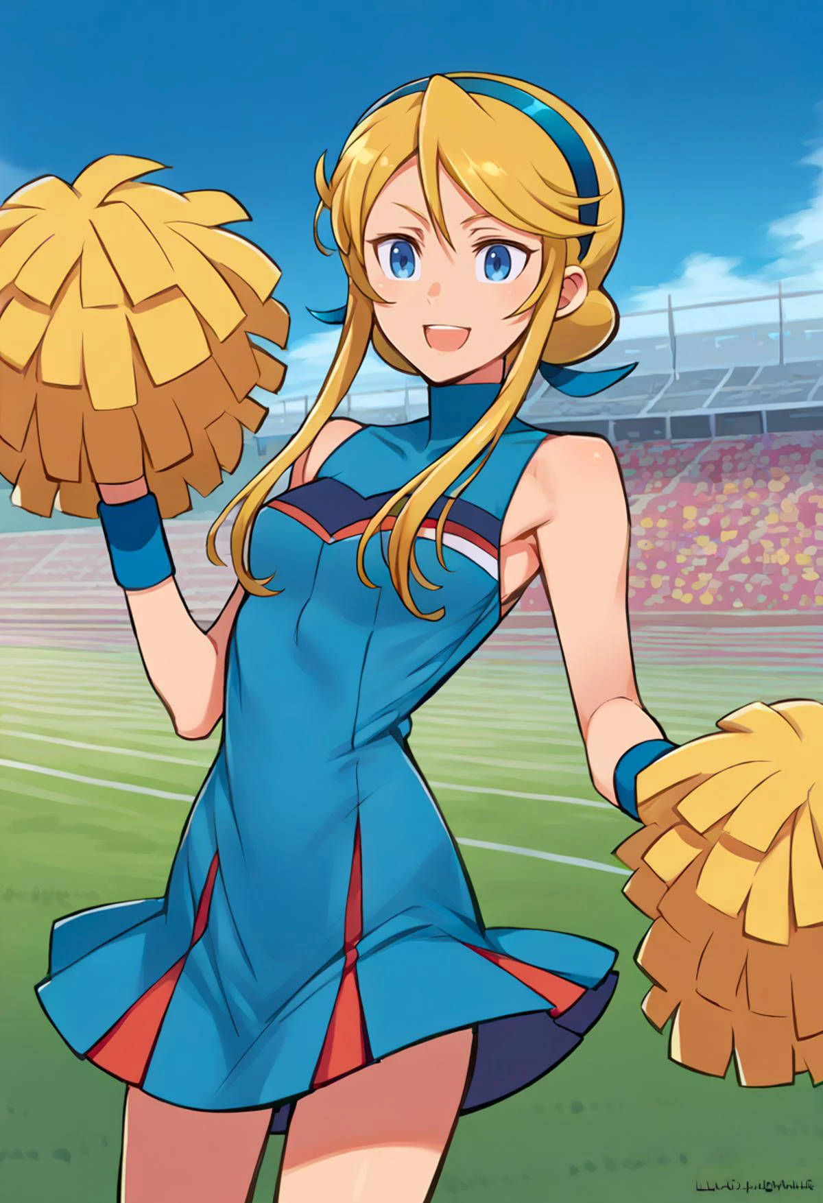 smile, outdoors, open mouth, track and field, cowboy shot, <lora:Lina_Davis:1> lina, londe hair, blue eyes, hairband, bicolor dress, cheerleader, blue dress, blue wristband, pom pom (cheerleading), <lora:kuroboshi_kouhaku_PonyXL_style_v01:1>, score_9, score_8_up, score_7_up, source_anime,