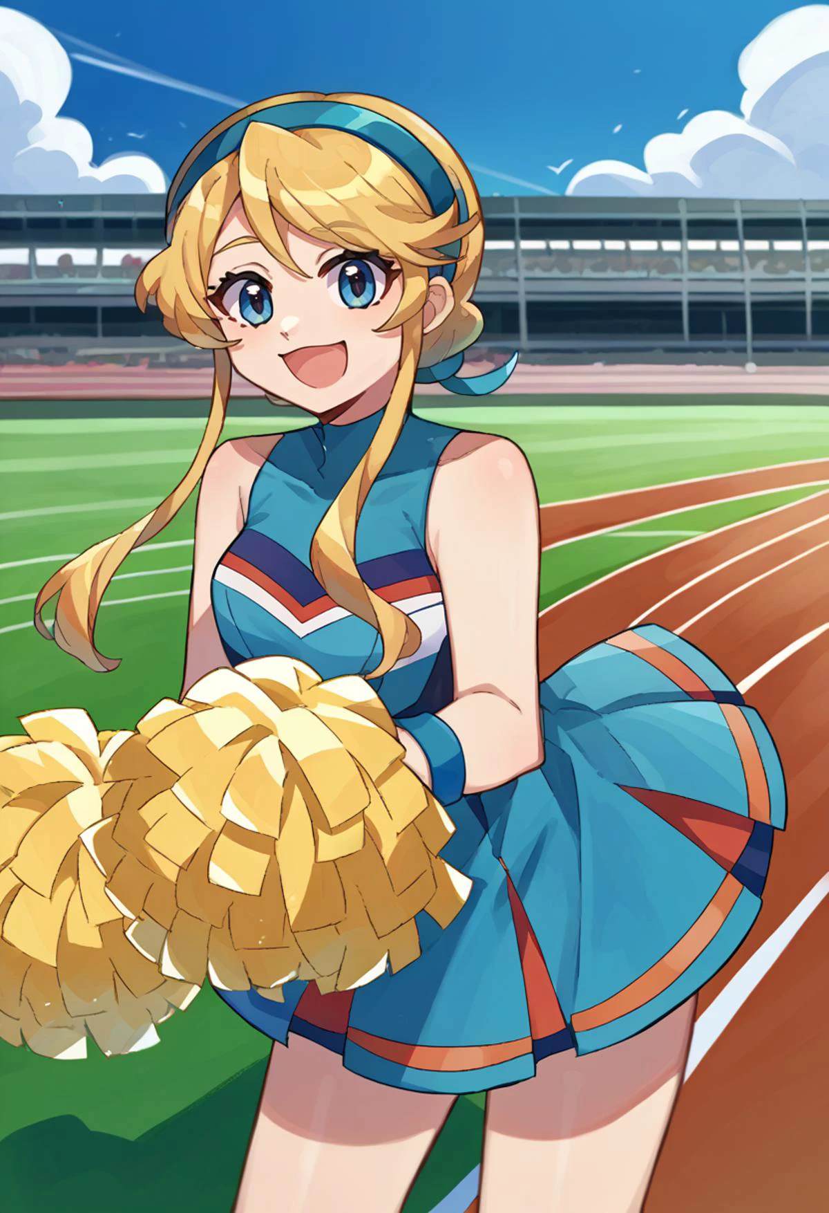 smile, outdoors, open mouth, track and field, cowboy shot, <lora:Lina_Davis:1> lina, londe hair, blue eyes, hairband, bicolor dress, cheerleader, blue dress, blue wristband, pom pom (cheerleading), <lora:Momoiiroo_Art_Style_PonyXL:1> momoiiroo,, score_9, score_8_up, score_7_up, source_anime,