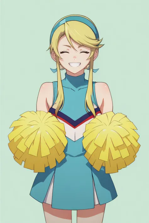 score_9, score_8_up, score_7_up, source_anime, rating_safe, intricate details, anime screencap, official style, <lora:PONY_Lina_Davis:1>, lina, blonde hair, closed eyes, hairband, bicolor dress, cheerleader, blue wristband, standing, simple background, looking at viewer, cowboy shot, smile, pom pom (cheerleading), hands down, grin, teeth