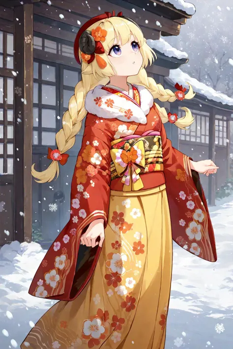 score_9, score_8_up, 1girl, <lora:last_1:1> WatameNewYears, twin braids, hair flower, red kimono, yellow hakama skirt, bow, floral print, sash, fur scarf, hat, snowing, snowy background, looking up,