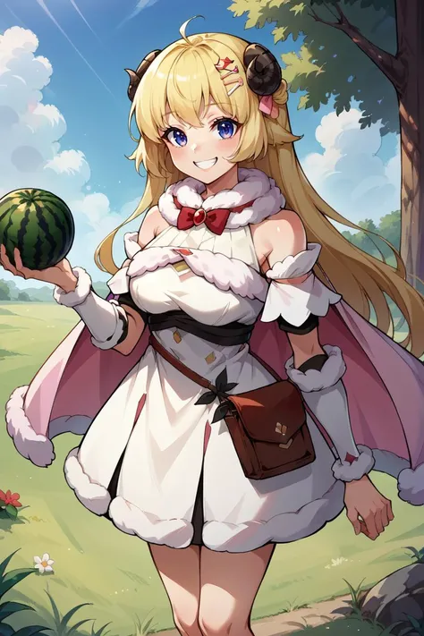 score_9, score_8_up, source_anime, 1girl, solo BREAK  <lora:CHAR-TsunomakiWatamePonyXL:1> WatameBase, very long hair, ahoge, hairclip, fur-trimmed dress, short dress, red bowtie, detached sleeves, pouch, fur-trimmed cape, pink cape, holding watermelon, smile, looking at viewer, field, tree, blue sky