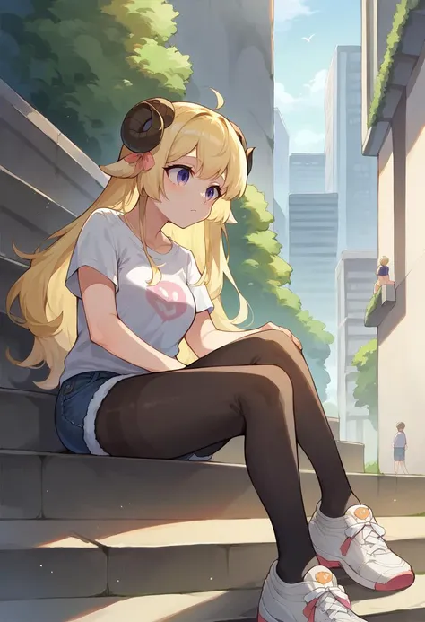 score_9, score_8_up, score_7_up, TsunomakiWatame, sheep horns, long hair, ahoge, t-shirt, denim shorts, pantyhose under shorts, sitting, stairs, outdoors, city, <lora:CHAR-TsunomakiWatamePonyXL:1>