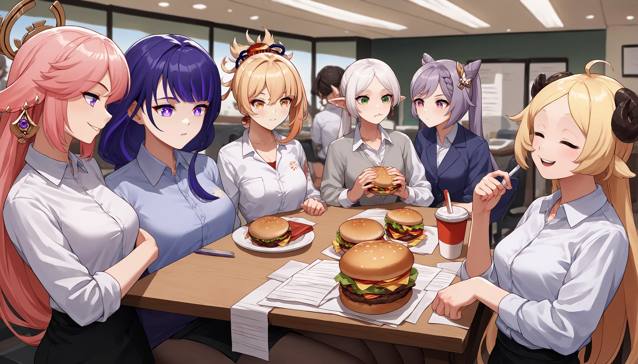 score_9, score_8_up, score_7_up, source_anime, 5girls, office, office lady, around table, table, food, beverage, burger, starbucks, shirt,
BREAK yae miko, smirk,
BREAK raiden shogun (genshin impact),
BREAK yoimiya \(genshin impact\),
BREAK FrierenBase, green eyes, white hair, long hair, twintails, earrings, <lora:ChamFrierenPonyXL:1>, eating burger,
BREAK keqing \(genshin impact\),
BREAK <lora:CHAR-TsunomakiWatamePonyXL:1>, TsunomakiWatame, sheep girl, long hair, ahoge, happy, sheep horns, blonde hair,