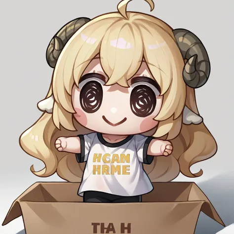 score_9, score_8_up, source_anime, 1girl, solo, chibi, TsunomakiWatame, blonde hair, sheep horns, long hair, ahoge, smile, t-shirt, in box, standing, <lora:CHAR-TsunomakiWatamePonyXL:1.0> <lora:style_beegsmol_ponyXL:1.1>