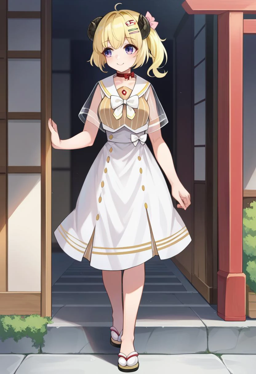 score_9, score_6_up, source_anime, japanese town, 1girl, solo, full body, walking, WatameCasual, ahoge, side ponytail, short hair, hairclip, vertical-striped dress, white skirt, high-waist skirt, sailor collar, red choker, white bow, see-through sleeves, smile, looking away <lora:CHAR-TsunomakiWatamePonyXL:1>