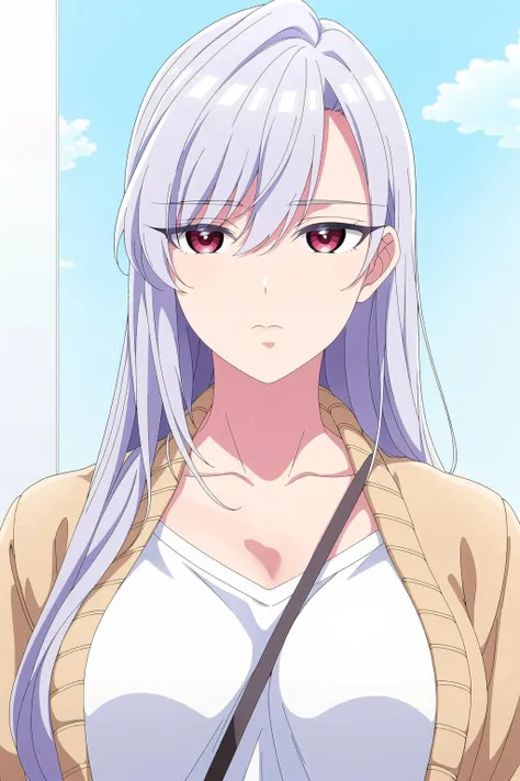 Simple White Background,clouds and a blue sky,
white shirt,brown bag,collarbone,Biege jacket,
<lora:Nano_Eiai_100Girlfriends-KK77-V1:0.7>,
red eyes, silver hair,bangs,Long_hair,
<lora:Oda_Non_Style-KK77-V2:0.3>,<lora:more_details:0.1>,
1 girl, 20yo,Young female,Beautiful long legs,Beautiful body,
Beautiful Nose,Beautiful character design, perfect eyes, perfect face,expressive eyes,perfect balance,
looking at viewer,(Focus on her face),closed mouth, (innocent_big_eyes:1.0),(Light_Smile:0.3),
official art,extremely detailed CG unity 8k wallpaper, perfect lighting,Colorful, Bright_Front_face_Lighting,White skin,
(masterpiece:1.0),(best_quality:1.0), ultra high res,4K,ultra-detailed,
photography, 8K, HDR, highres, absurdres:1.2, Kodak portra 400, film grain, blurry background, bokeh:1.2, lens flare, (vibrant_color:1.2),professional photograph,
(Beautiful,large_Breasts:1.4), (beautiful_face:1.5),(narrow_waist),