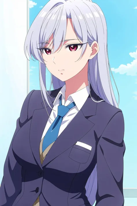 Simple White Background,clouds and a blue sky,
school uniform, blue_neckwear, (blue_blazer:1.5),
collared shirt,white shirt,
<lora:Nano_Eiai_100Girlfriends-KK77-V1:0.7>,
red eyes, silver hair,bangs,Long_hair,
<lora:Oda_Non_Style-KK77-V2:0.3>,<lora:more_details:0.1>,
1 girl, 20yo,Young female,Beautiful long legs,Beautiful body,
Beautiful Nose,Beautiful character design, perfect eyes, perfect face,expressive eyes,perfect balance,
looking at viewer,(Focus on her face),closed mouth, (innocent_big_eyes:1.0),(Light_Smile:0.3),
official art,extremely detailed CG unity 8k wallpaper, perfect lighting,Colorful, Bright_Front_face_Lighting,White skin,
(masterpiece:1.0),(best_quality:1.0), ultra high res,4K,ultra-detailed,
photography, 8K, HDR, highres, absurdres:1.2, Kodak portra 400, film grain, blurry background, bokeh:1.2, lens flare, (vibrant_color:1.2),professional photograph,
(Beautiful,large_Breasts:1.4), (beautiful_face:1.5),(narrow_waist),