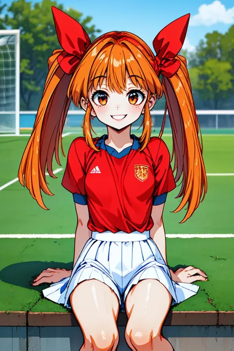1girl, (soccer field:1.2), cowboy shot, sitting, smile,
suzuki_megumi, orange eyes, orange hair, long hair, twintails, bangs, hair bow, red bow, red shirt, short sleeves, white skirt, pleated skirt, white socks, shorts, <lora:suzuki_megumi_lora_ver1:0.7>, best quality, masterpiece, highres, <lora:GoodHands-vanilla:1>