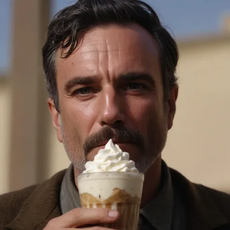 (Skin Texture, pores, natural,iPhone,RAW)), natural lighting, Highest Quality closeup Portrait photo of Daniel Day-Lewis as Daniel Plainview staring directly into the soul of the photographer (Eli Sunday "The Boy") psychologically dominating him with the power of capitalism while drinking a milkshake, Nikon Z9, realistic matte skin, blurry city in the background, 8K, symmetric, whole face, <lora:DanielDayLewisXL:1>