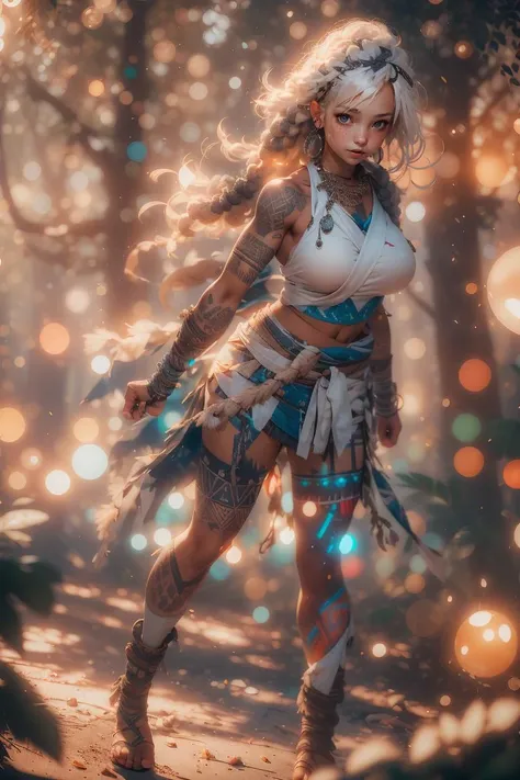 1girl, volumetric light, (bright scene:1.5), forrest, (huge breasts), depth of field, bokeh, photography, masterpiece, best quality, highres, realistic details, <lora:sxz-niji-v2:0.4>, thick thighs, <lora:rune-god-style-darquelilly-v2:1>  runegodstyle, crystals, midriff, bandages, necklace, collarbone,  shoulder tattoo, tribal,  sash, skirt, closed mouth, (full body),