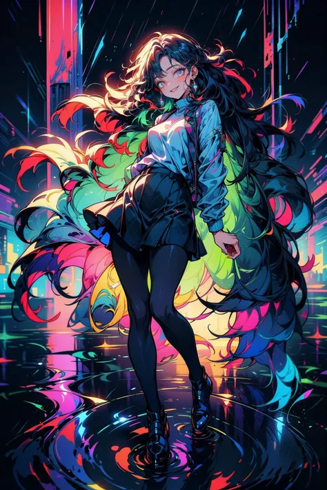 (masterpiece:1.4), (beautiful and aesthetic:1.4), (intricate:1.2), (detailed:1.2), (vibrant colors:1.2), BREAK,
(psychedelic:1.2), (surreal:1.2), (full body:1.0), (translucent:1.2), (reflections:1.1), BREAK,
(1girl:1.2), (solo:1.4), (cute pose:1.2), (miniskirt:1.0), (pantyhose:1.0), (happy:1.2), (laughing:1.2), (hands behind back:1.2), (colorfulmix:1.0), (multicolored hair:1.0), (wavy hair:1.0), <lora:colorful_mix_0.1:0.9>, BREAK,
(colorful rain:1.2), (reflective floor:1.0), (wet floor:1.0),
