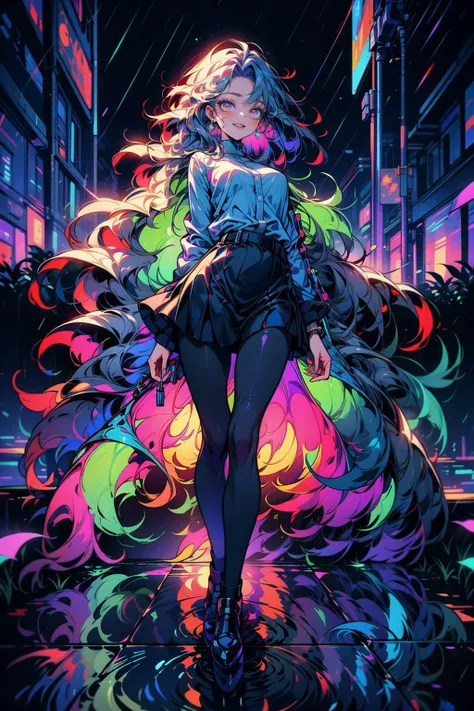 (masterpiece:1.4), (beautiful and aesthetic:1.4), (intricate:1.2), (detailed:1.2), (vibrant colors:1.2), BREAK,
(psychedelic:1.2), (surreal:1.2), (full body:1.0), (translucent:1.2), (reflections:1.1), BREAK,
(1girl:1.2), (solo:1.4), (cute pose:1.2), (miniskirt:1.0), (pantyhose:1.0), (happy:1.2), (laughing:1.2), (hands behind back:1.2), (colorfulmix:1.0), (multicolored hair:1.0), (wavy hair:1.0), <lora:colorful_mix_0.1:0.9>, BREAK,
(colorful rain:1.2), (reflective floor:1.0), (wet floor:1.0),