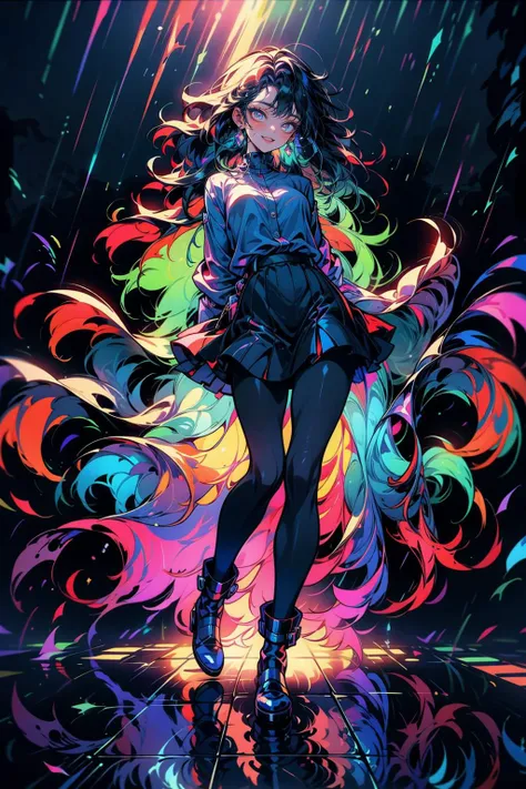(masterpiece:1.4), (beautiful and aesthetic:1.4), (intricate:1.2), (detailed:1.2), (vibrant colors:1.2), BREAK,
(psychedelic:1.2), (surreal:1.2), (full body:1.0), (translucent:1.2), (reflections:1.1), BREAK,
(1girl:1.2), (solo:1.4), (cute pose:1.2), (miniskirt:1.0), (pantyhose:1.0), (happy:1.2), (laughing:1.2), (hands behind back:1.2), (colorfulmix:1.0), (multicolored hair:1.0), (wavy hair:1.0), <lora:colorful_mix_0.1:0.9>, BREAK,
(colorful rain:1.2), (reflective floor:1.0), (wet floor:1.0),
