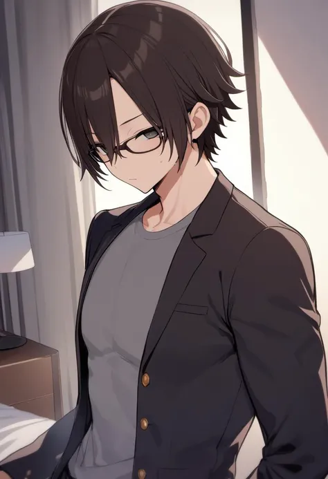 rating: general, <lora:Akira_ArakawaSensei_from_LiL-000015:1>, akira_arakawa as a man, solo, 1guy, glasses, grey t-shirt, blazer, black eyes, swirl eyes, masterpiece, best quality