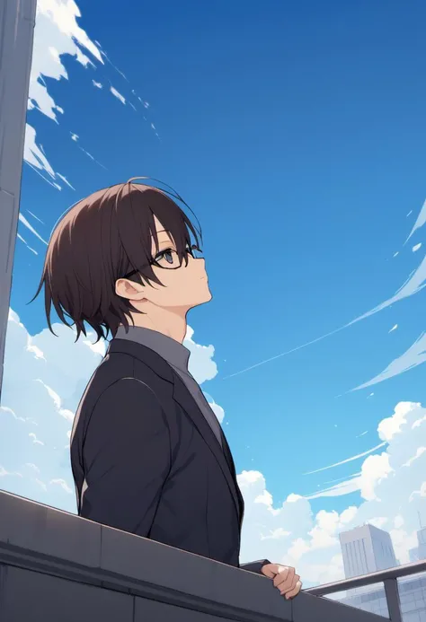 rating: general, <lora:Akira_ArakawaSensei_from_LiL-000015:1>, akira_arakawa as a man, solo, 1guy, glasses, grey t-shirt, blazer, black eyes, swirl eyes, side view, standing on the ledge of a building, looking up, blue sky, clouds, masterpiece, best quality