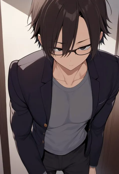 rating: general, <lora:Akira_ArakawaSensei_from_LiL-000015:1>, akira_arakawa as a man, solo, 1guy, glasses, grey t-shirt, blazer, black eyes, swirl eyes, masterpiece, best quality